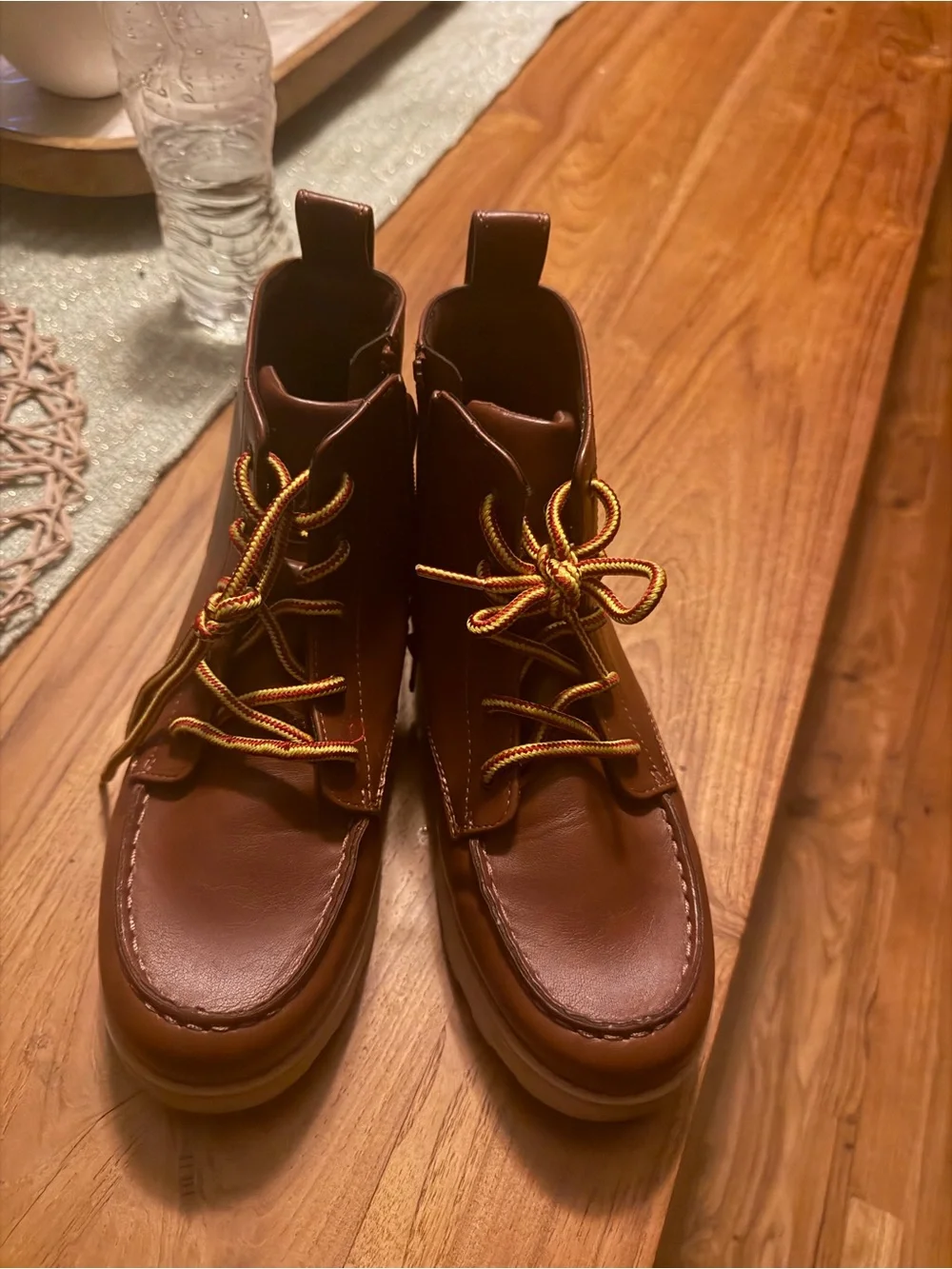Cat & Jack Brown Kids Lace-Up Leather Boots with Yellow Accent Laces